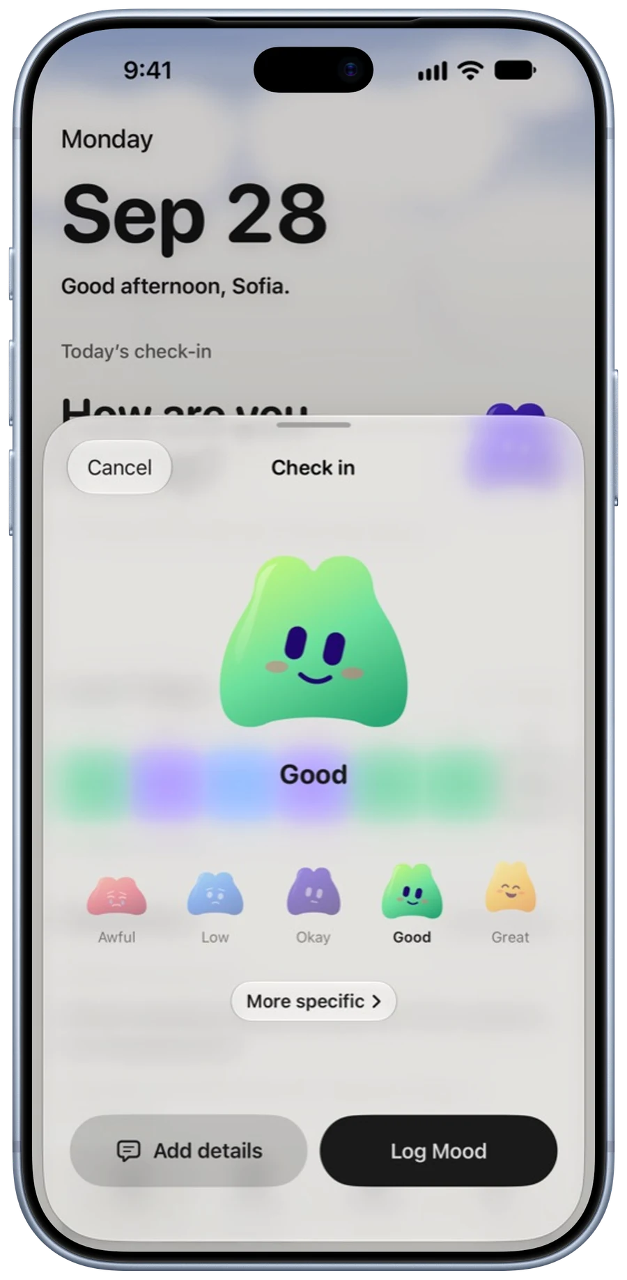 Choose your mood and add feelings in MoodyScope